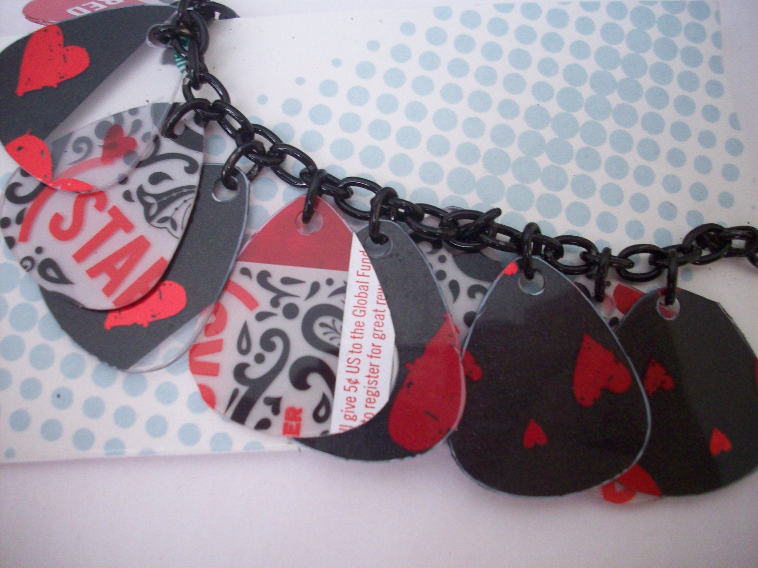 Upcycled Red White and Black Earrings and Bracelet set