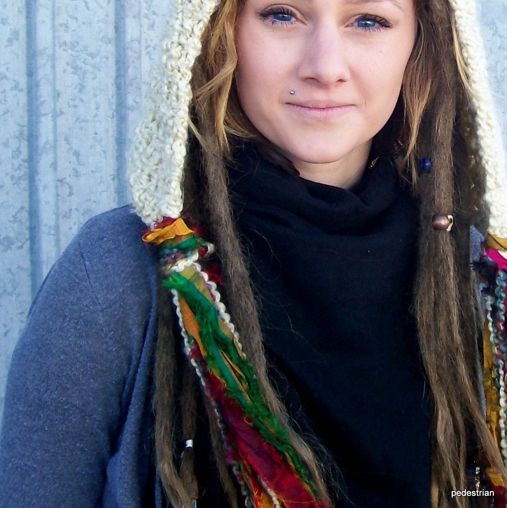 Ready to Ship - Last Minute Gift - The Rapunzel Hood in Latte - Cream Hood, Ecru Hood with Long Tassels