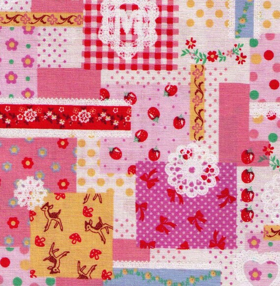 HALF YARD - Pink Zakka Patchwork - Lace Doiley, Deer, Ribbon, Strawberries, Tape, Toadstool, Bows - Cosmo Textile - Japanese Import Fabric