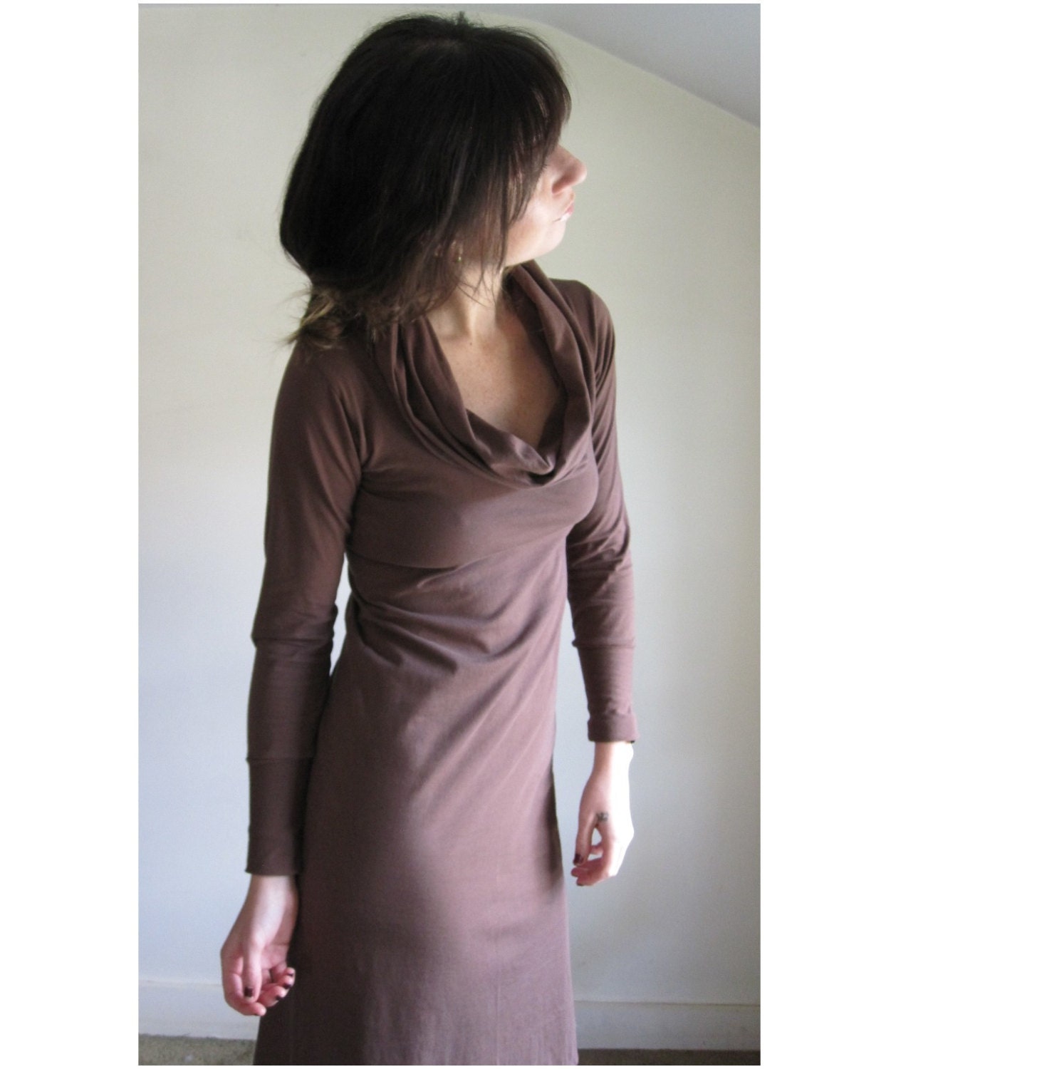 Organic Cotton Long Sleeve Cowl Dress -  Chocolate Brown - Custom Made