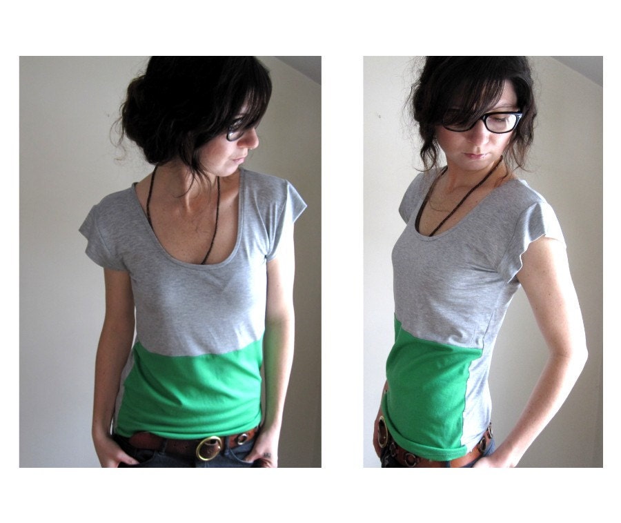 Color Block Tee Shirt - Tshirt - Grass Green and Grey
