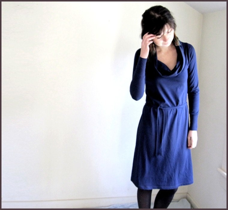 Organic Cotton Long Sleeve Cowl Dress - Navy - Size Small / Medium