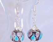 Dangle Earrings Blue Brown and Pink Glass Beads Lava lamp