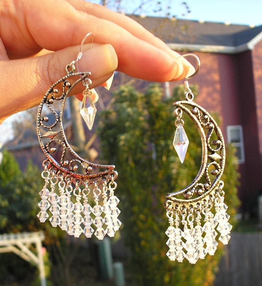 Chandelier Earrings Crystal Crescent Moon silver  Jewelry Earrings Chandelier metal crescent moon crystals silver chandelier earrings