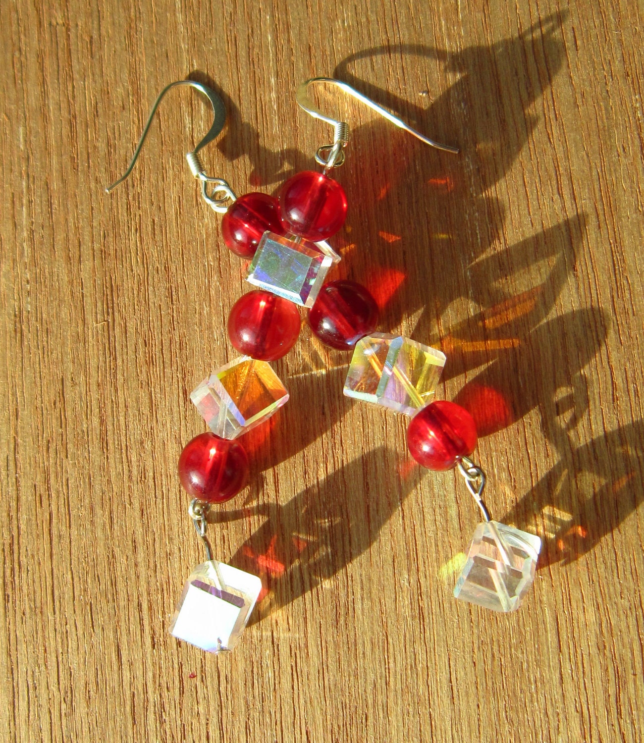 Dangle Earrings Red and Clear Glass Beads  Vegas Nights