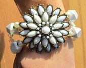 Cuff Bracelet White Chunky Beads with White Flower Focal Statement Jewelry