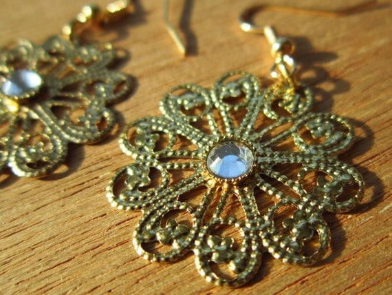 Brass Circle Flower Chandelier Earrings with Rhinestone Like Center