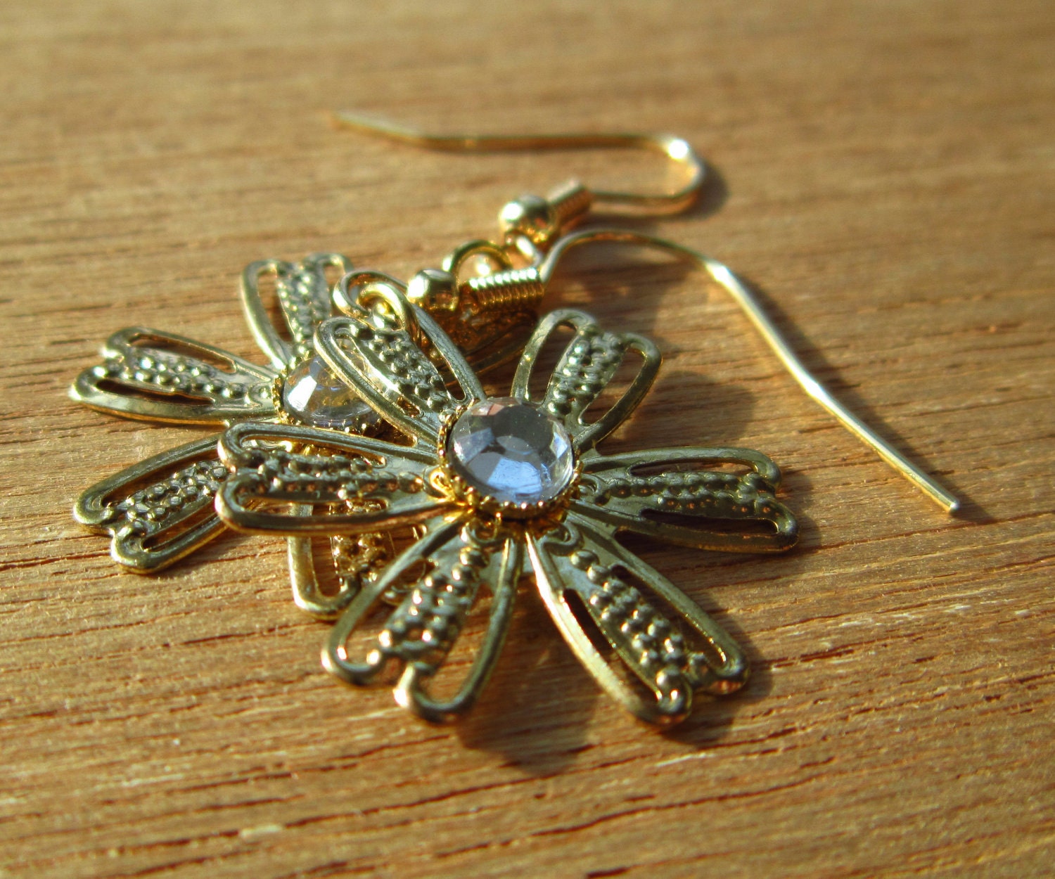 Chandelier Earrings Brass Flower with Rhinestone Like Center