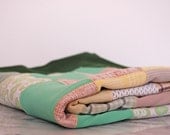 vintage handmade patchwork blanket greens yellow brown