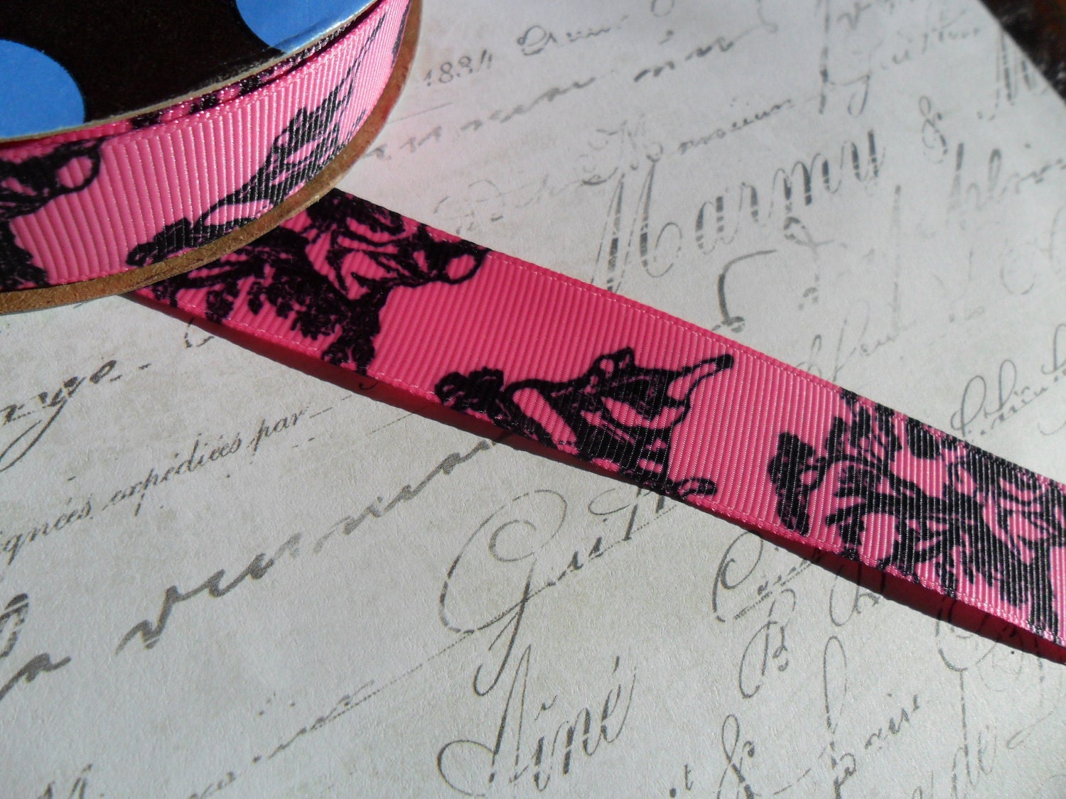 Black Rasberry Toile 1 inch Grosgrain Ribbon