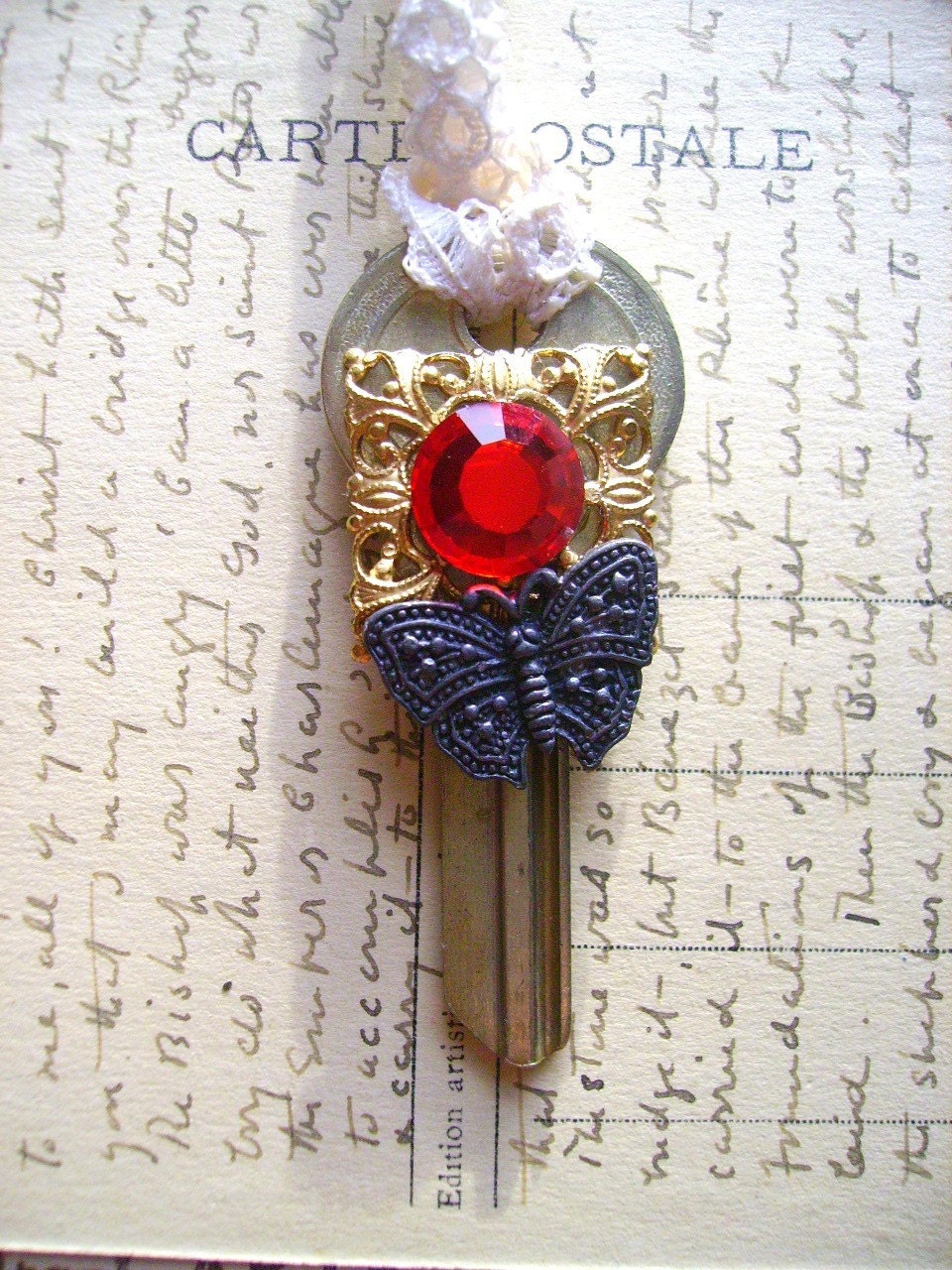 Steampunk-Vintage Key-Antiqued Butterfly With A Large Red Swarvoski Crystal Necklace