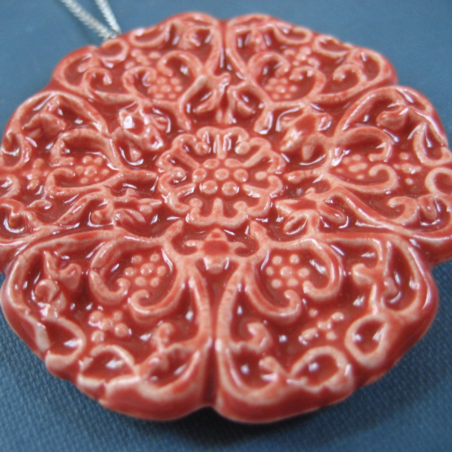 medallion necklace, blood orange ... porcelain jewelry by Sofia Masri