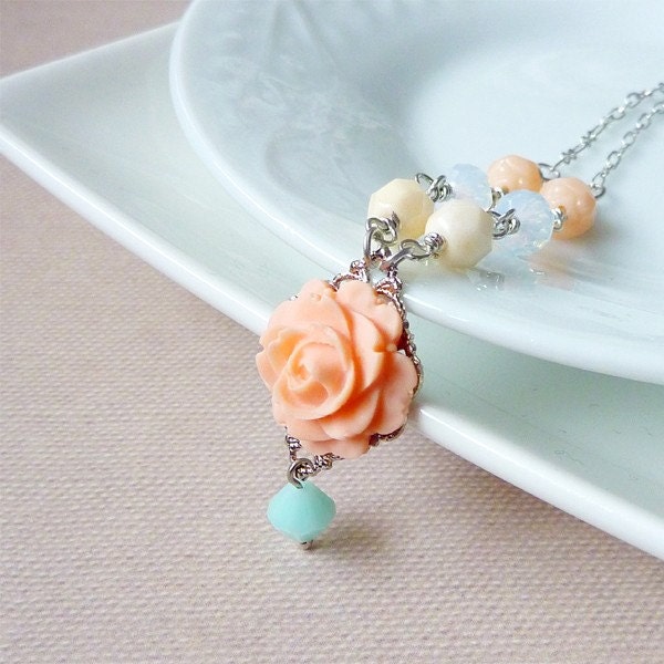 Pink Rose with Seafoam Green Crystal Necklace. Ivory Melon Beads, Peach Rosebud beads, White Faceted Crystal Beads