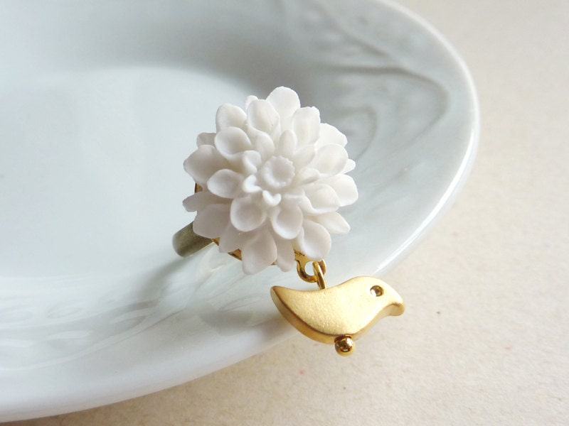 White Dahlia with Gold Bird Ring. Bridesmaid Gifts. Bridal Party Gifts. Wedding Party Gifts.