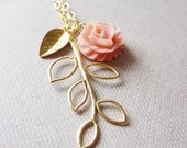 Gold Leaf and Pink Rose Necklace. Wedding Necklace. Bridal Jewelry. Bridesmaid Gift.