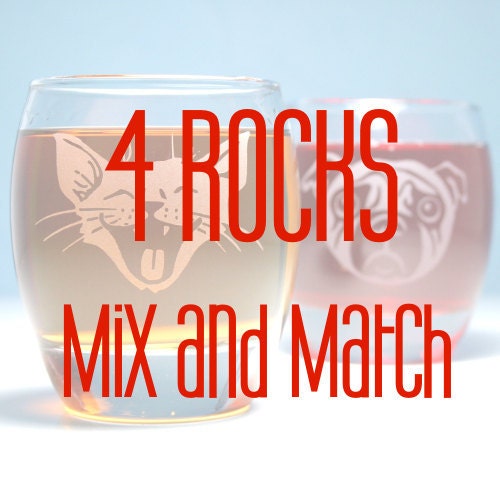 4 Custom Etched Rocks Glasses - choose your designs