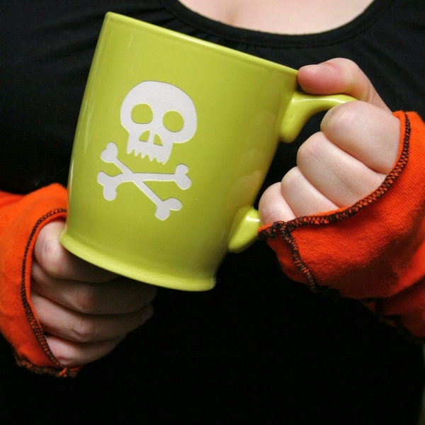 Skull and Bones Mug - Lime Green - large pirate jolly roger coffee cup
