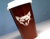Ceramic Travel Mug - Laughing Cat - brown lolcat coffee cup - BPA-free lid