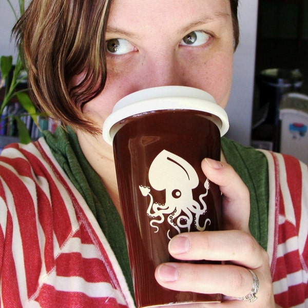 Squid Ceramic Travel Mug - insulated coffee cup w/ BPA-free lid