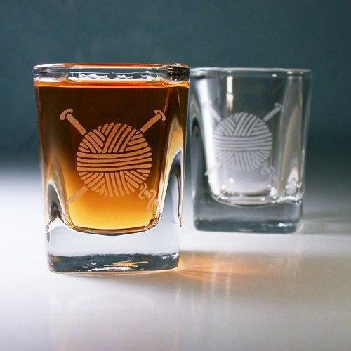 2 Shot Glasses - Yarn - round blue and clear square etched glasses