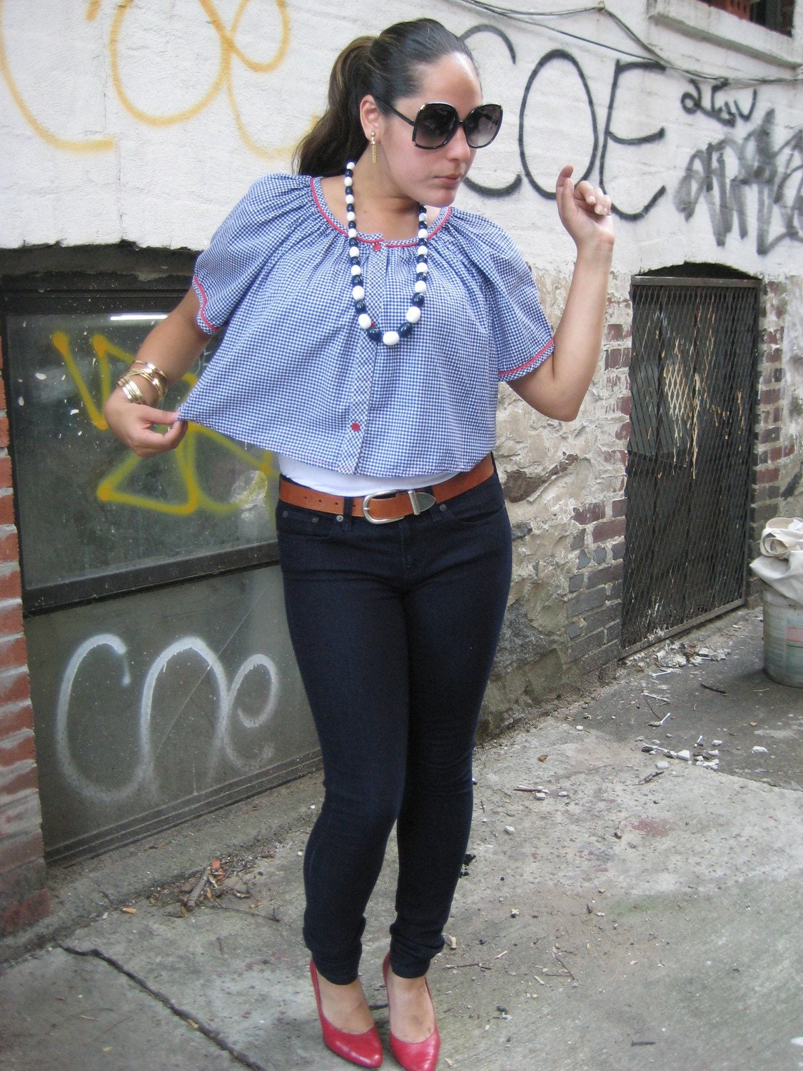 SUMMER SALE...Cute Vintage 70s DIY Navy Gingham Crop Top Jacket