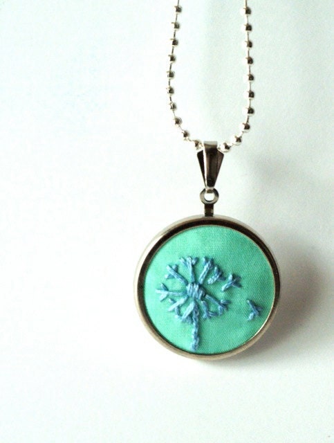 Wishes (dandelion) Hand Embroidered Pendant Necklace-Mint and Sky