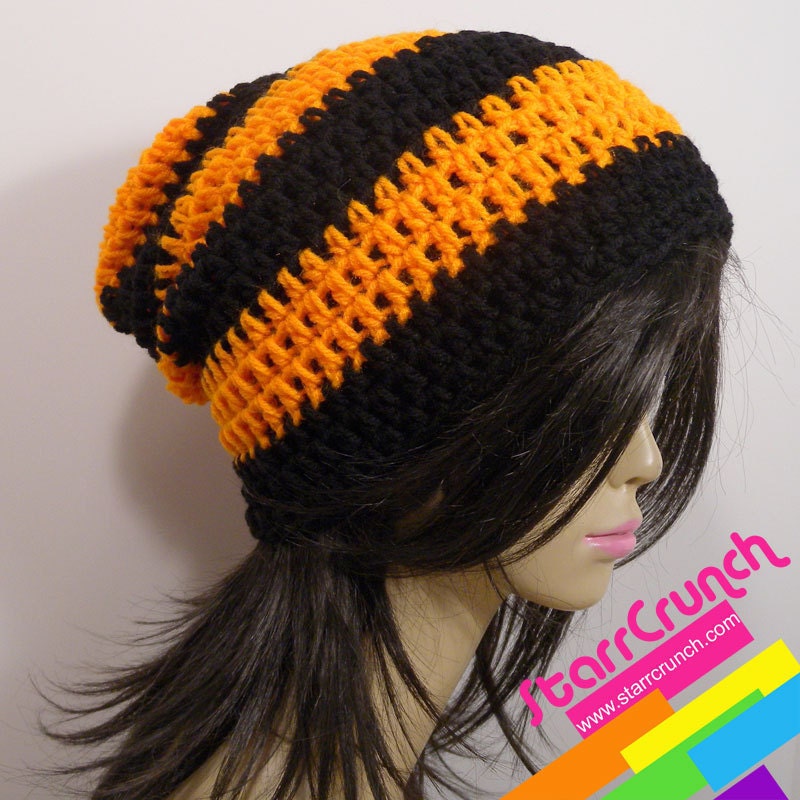 Slouchy Beanie Crochet Hat in Orange and Black