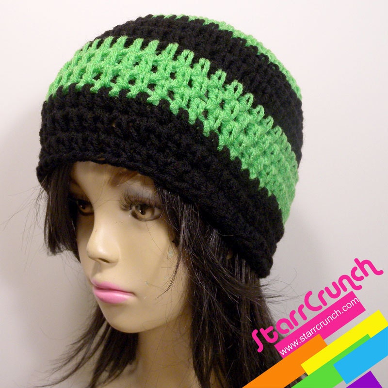 Skullcap Beanie Crochet Hat in Lime and Black