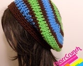 Beret Tam in Brown, Lime and Blue Stripes