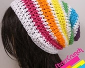 Slouchy Beanie Crochet Hat in Rainbow and White