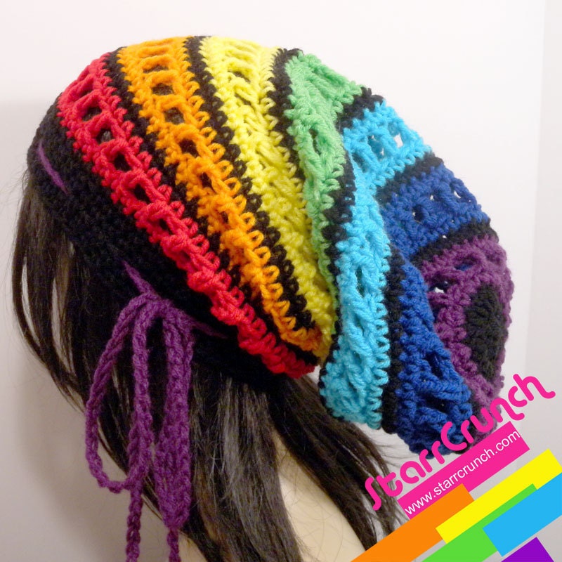 Slouchy Dread Tam Snood Crochet Hat in Chakra Rainbow Stripes