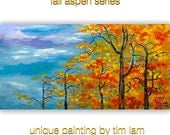 Tree Art original painting abstract acrylic painting olive tangerine maple blue sky fall Huge Landscape Painting forest by tim lam 48x24x1.4
