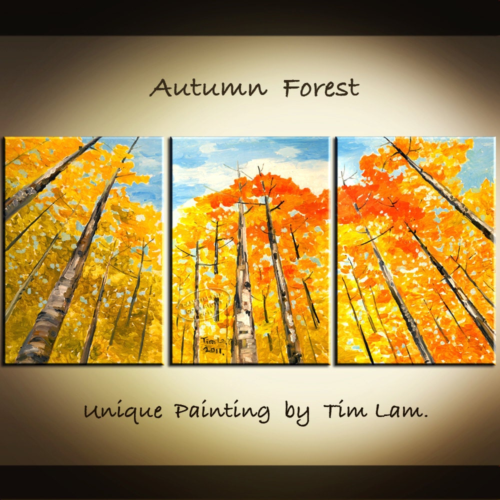 Gold tangerine Aspen Fall Forest tree art Modern Deco original XXL Abstract landscape OIL Painting by tim lam 63x30