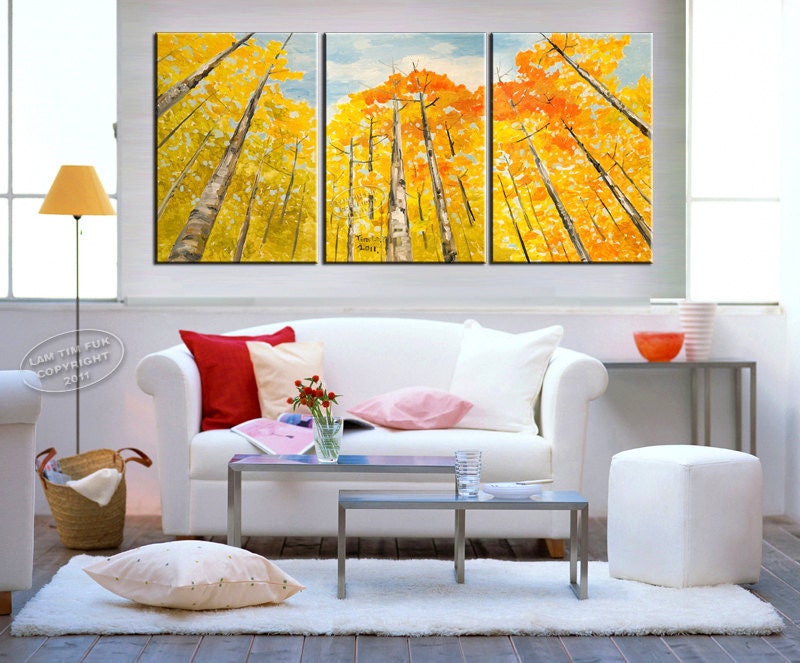 Gold tangerine Aspen Fall Forest tree art Modern Deco original XXL Abstract landscape OIL Painting by tim lam 63x30