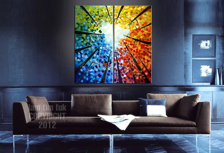 Abstract forest Looking up, Contemporary acrylic painting Autumn Natural Organic Art 48x48x1.6