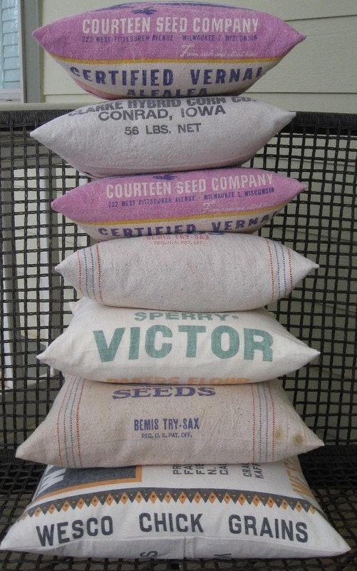 Rustic Decor - Vintage Grainsack Pillow - Wesco Chick Grains - Cincinnati Ohio - Orange and Black - Feed Sack Pillow - Rustic Decor