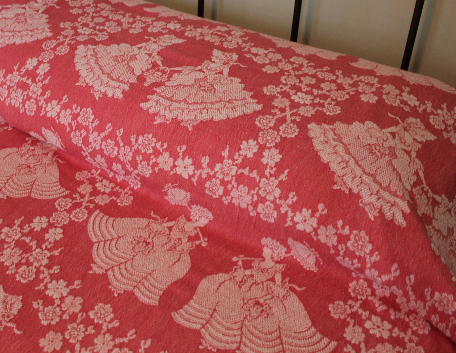 Vintage Blanket or Bedspread - Pink Cotton - Bates - Ladies - Cottage Chic - Salmon Pink - Reversible - Twin - Full - Queen Spread Blanket