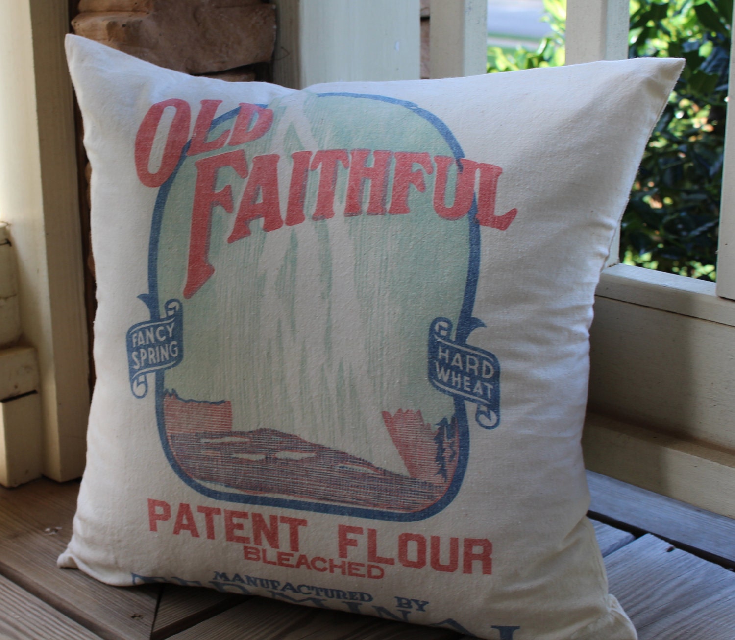 Vintage Flour Sack Pillow - Old Faithful - Geiser - Portland Oregon - Red White Blue Green - Throw Pillow