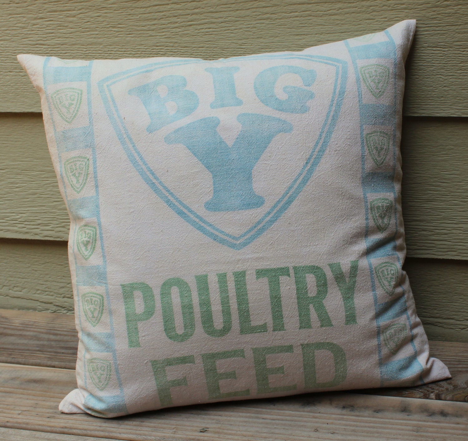 Vintage Feed Sack Pillow - Big Y Poultry Feed - Faded Blue and Green - Feedsack Pillow - Shabby Chic