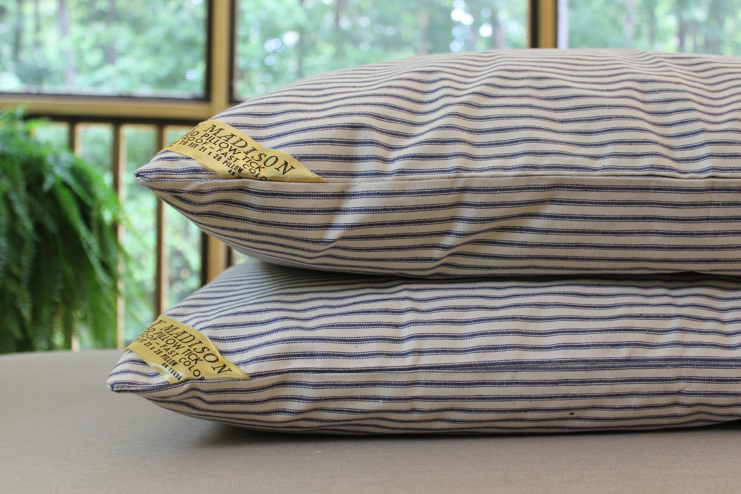 Vintage Pillow Ticks - Dolly Madison - New Unused - 1940s - Heavy Ticking - Pair Blue White Stripe