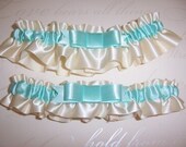 Satin Elegance Ivory and Tiffany Blue Wedding Garter Set  NS