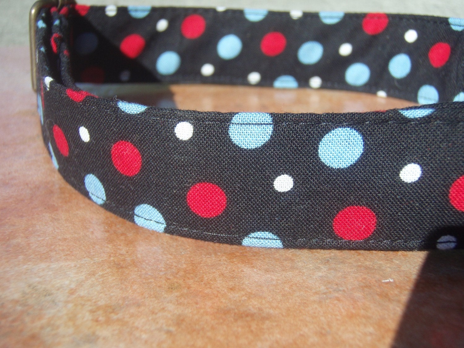 Little Boy Blue - Retro Nautical Navy Blue Red White Dots Organic Cotton MEDIUM Dog Collar - All Antique Brass Hardware