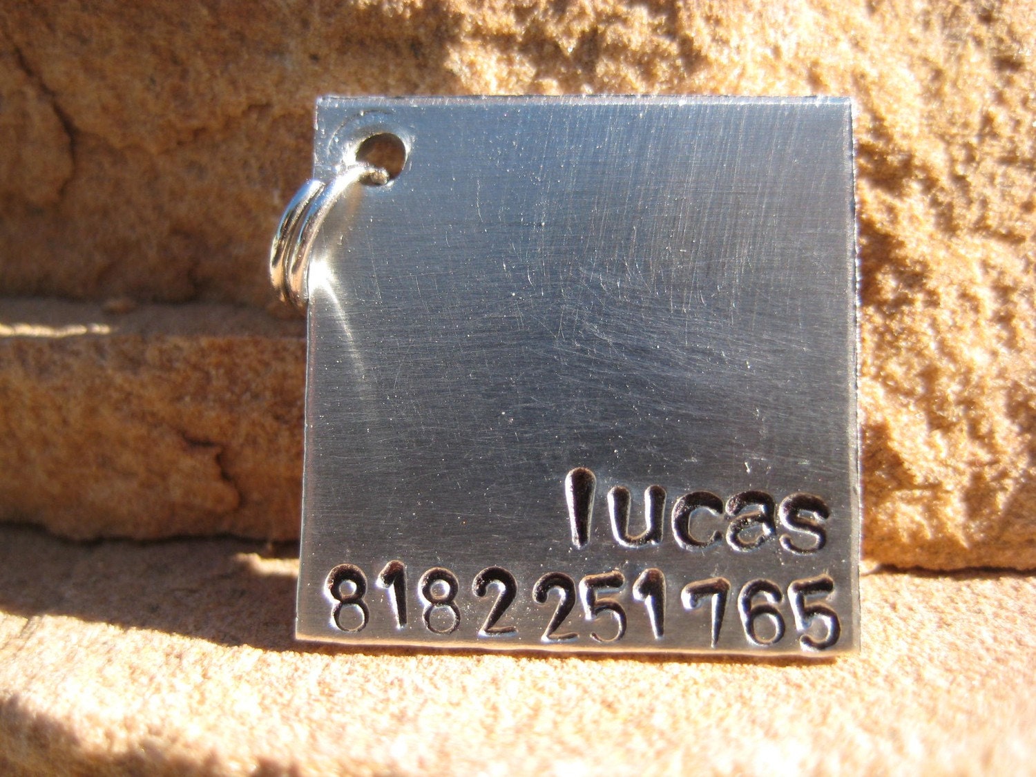 The Lucas - Unique Handstamped Pet ID Tag Aluminum Mini Square Small Dog Cat