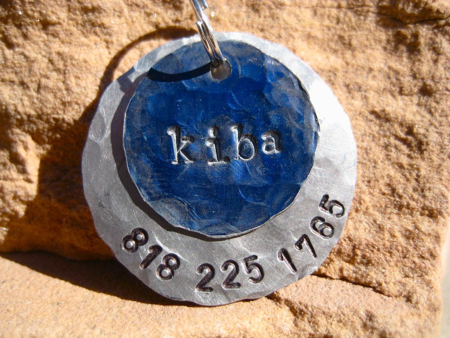 The Kiba - Blue Silver Distressed Hammered Unique Handstamped Pet ID Tag Layered 2 Disc Dogs