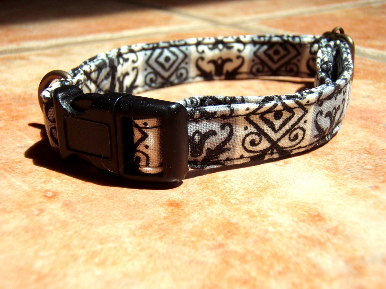 Victorian Grunge - Organic Cotton CAT Collar Breakaway Safety Damask Grey Black - All Antique Brass Hardware