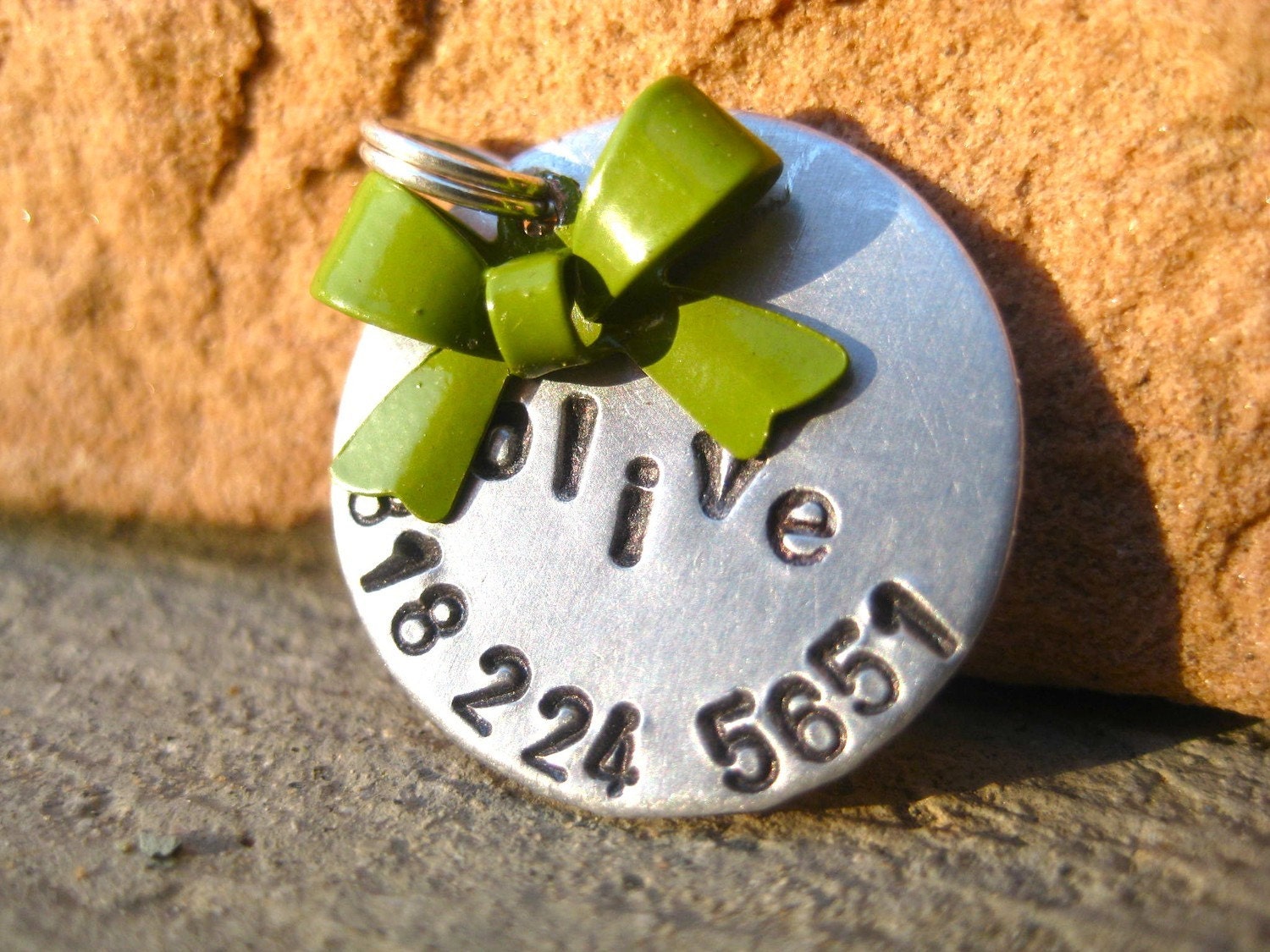 The Olive - Bow Pet ID Tag Small Dog Cat Feminine Unique Handstamped