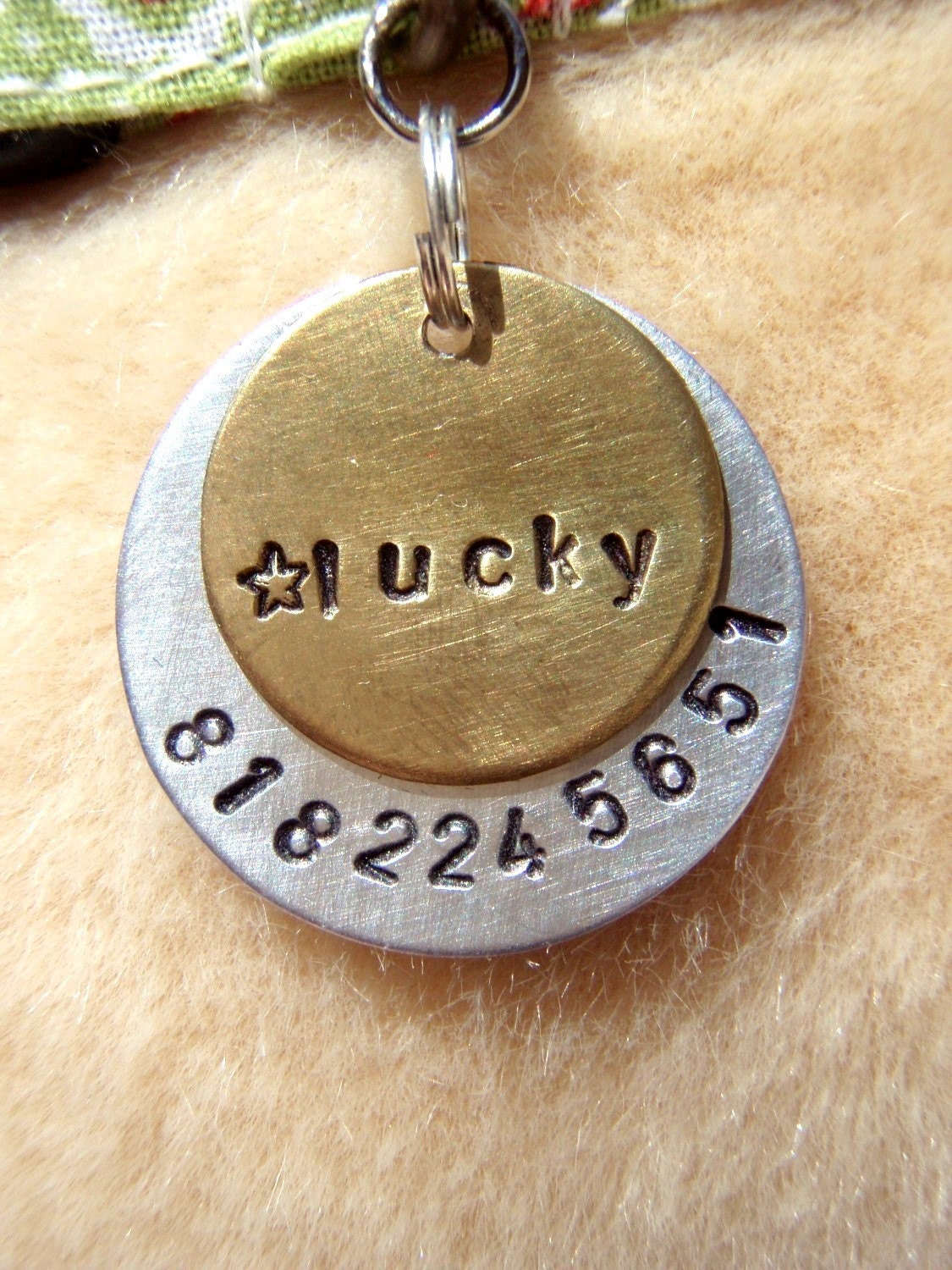 Lucky Star - Unique Handstamped Pet ID Tag Layered 2 Disc Dogs Brass Aluminum