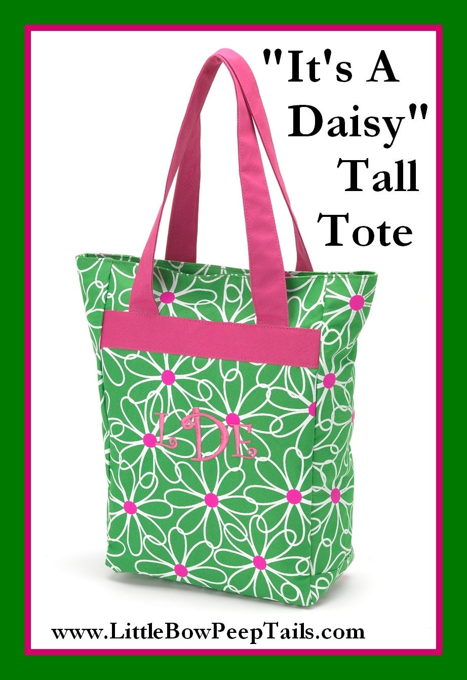It's A Daisy Monogrammed Tote Tall - Girls Kids Bookbag Daisy Diaper Bag Gift Idea Bag Luggage Set Travel Ballet Tap Personalized Preschool