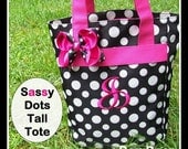 Sassy Dots Monogrammed Tote - Tall Bookbag Polka Dots Black Hot Pink Ballet Shoes Luggage Set Bag Personalized Girls Teen Tween Dance