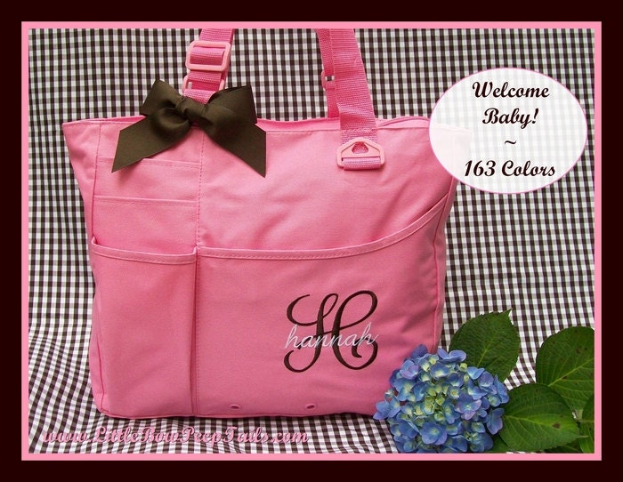 Initial and Name Monogrammed Diaper Bag - Personalized Large Size Solid Color Light Pink Brown Chocolate Baby Shower Gift Idea